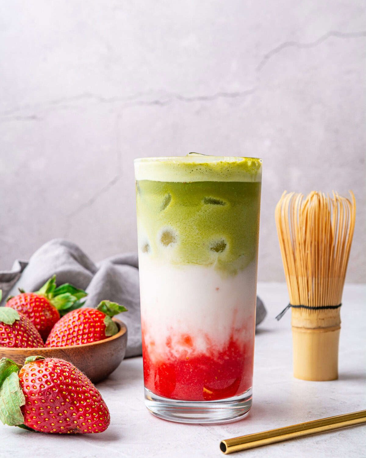 Chillō café's strawberry matcha — layers of strawberry purée, milk and matcha